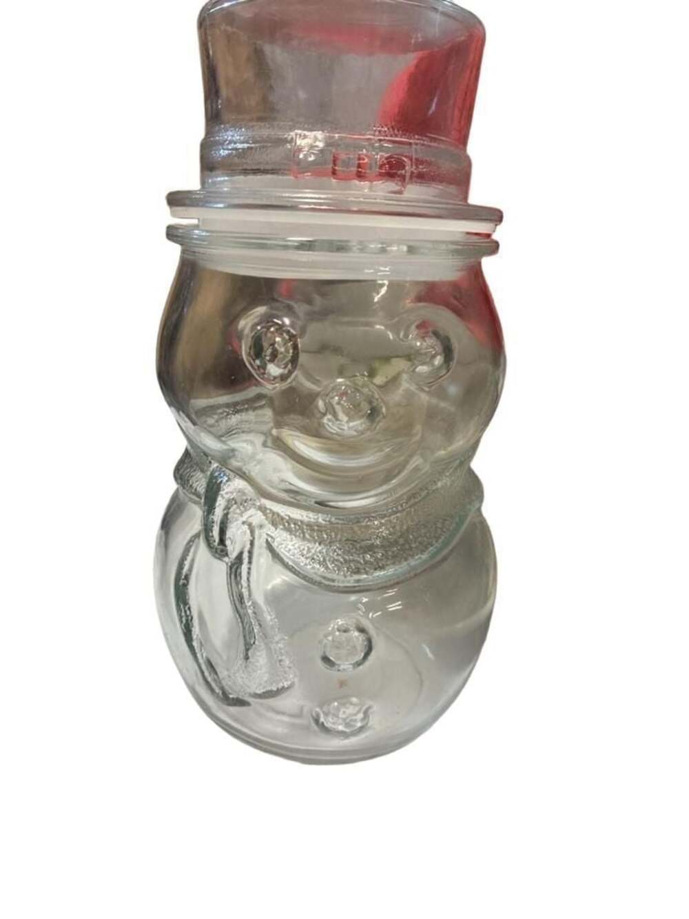 Libbey Vintage Clear Glass Snowman Candy Cookie Jar with Top Hat Lid